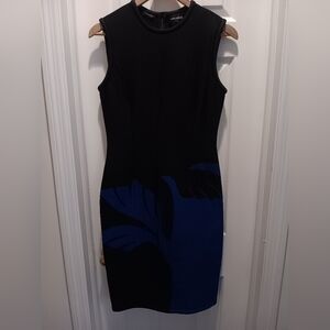 Yigal Azrouel Fitted Sleeveless Black Blue Abstract Floral Design Dress Size 8